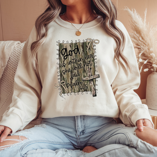 God is Within Her Camo Crewneck