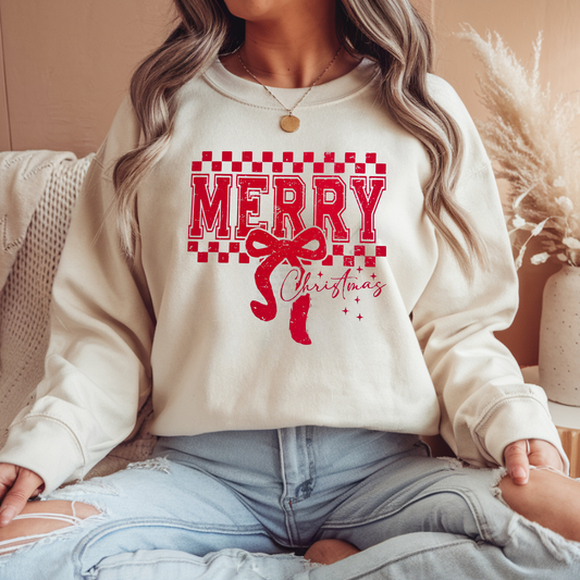MERRY CHRISTMAS BOW CHECKERED SWEATSHIRT