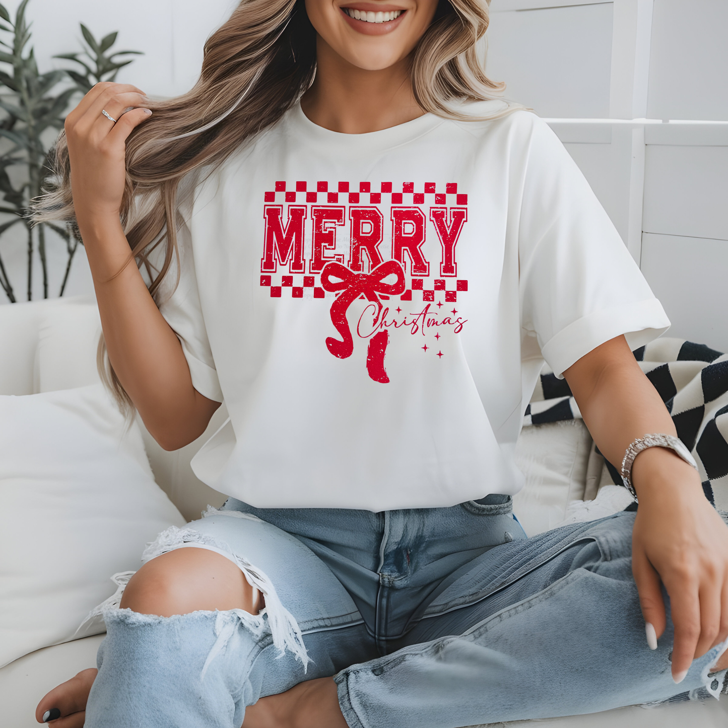 MERRY CHRISTMAS BOW CHECKERED SHIRT